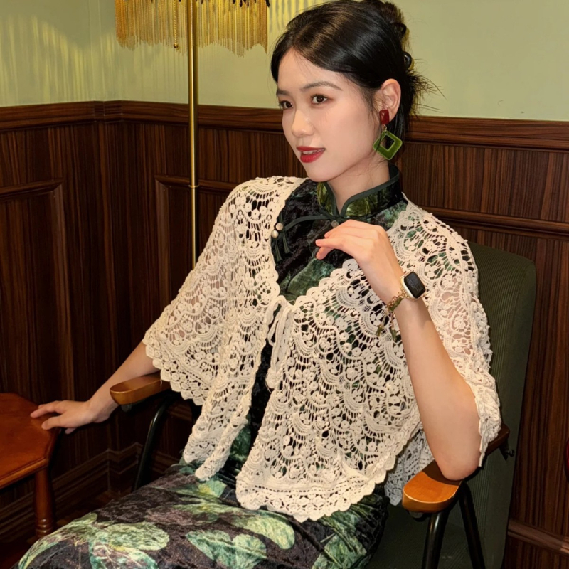 Šal od otvorenog pletenja s kapom inspiriranom qipao, vintage etno stil, podrijetlo Suzhou, ljeto 2025