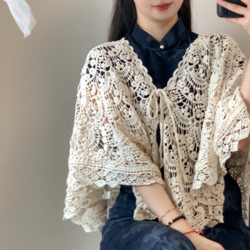 Šal od otvorenog pletenja s kapom inspiriranom qipao, vintage etno stil, podrijetlo Suzhou, ljeto 2025