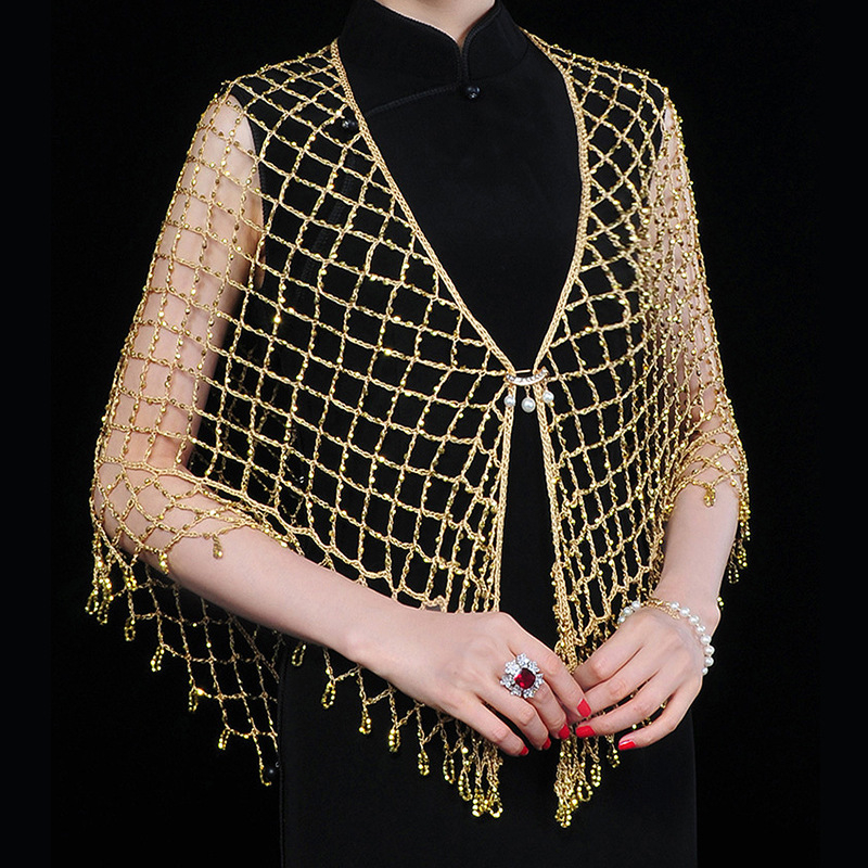 Nyári cheongsam sál-vest, rayon, kézzel horgolt, háló mintázat, elegáns, háromszög sál