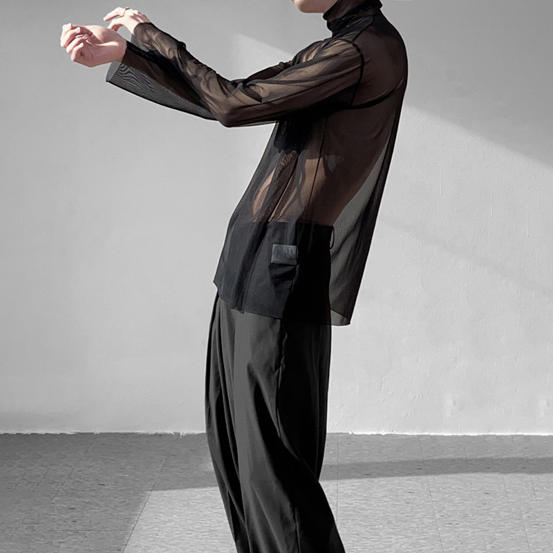 Vīriešu elpojošs saules aizsardzības T-krekls ar garām piedurknēm un augstu apkakli, režģīgā auduma (ice silk; modal fiber; elpojošs; augsts apkaklis; vidēja garuma)