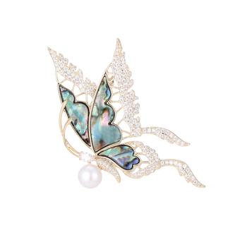 Bakrena leptirova broš na odjeću, umetnuta prirodna školjka, čvrsti iglični mehanizam, elegantan dizajn