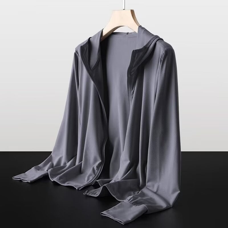 Ανδρικό UV-προστατευτικό αθλητικό πουκάμισο με κουκούλα, διαπνέον, μακρύς μανίκι, φερμουάρ, πλαϊνές τσέπες, χαλαρή γραμμή, πολυεστερικό μίγμα