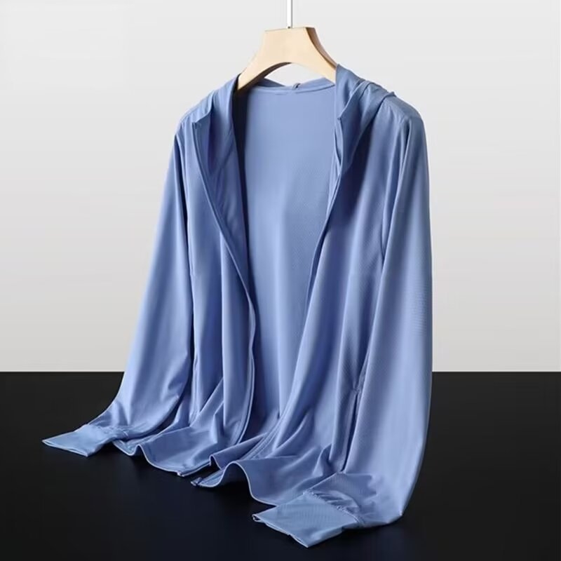 Ανδρικό UV-προστατευτικό αθλητικό πουκάμισο με κουκούλα, διαπνέον, μακρύς μανίκι, φερμουάρ, πλαϊνές τσέπες, χαλαρή γραμμή, πολυεστερικό μίγμα