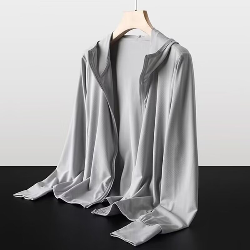 Ανδρικό UV-προστατευτικό αθλητικό πουκάμισο με κουκούλα, διαπνέον, μακρύς μανίκι, φερμουάρ, πλαϊνές τσέπες, χαλαρή γραμμή, πολυεστερικό μίγμα