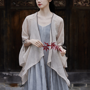 Ζακέτα προστασίας από τον ήλιο με ακανόνιστο κόψιμο και δέσιμο με κορδόνι σε κεκλιμένη πλάκα, πολυεστέρας ≥95%, UPF30+, μανίκι σε σχήμα φύλλου λωτού, μεσαίο μήκος 65–80 cm