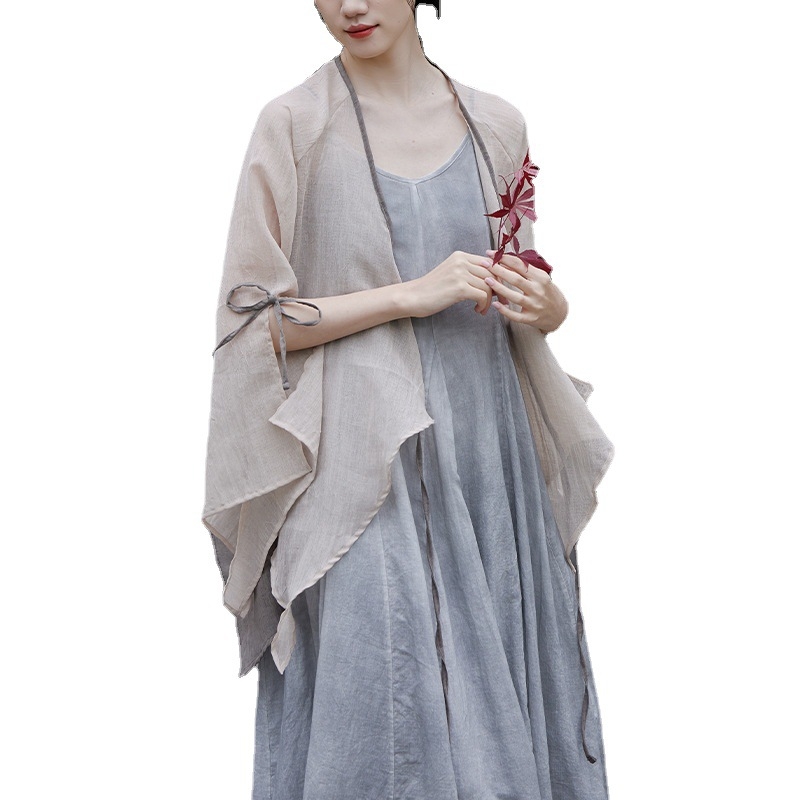 Ζακέτα προστασίας από τον ήλιο με ακανόνιστο κόψιμο και δέσιμο με κορδόνι σε κεκλιμένη πλάκα, πολυεστέρας ≥95%, UPF30+, μανίκι σε σχήμα φύλλου λωτού, μεσαίο μήκος 65–80 cm