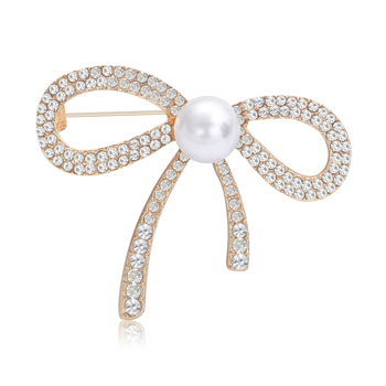 Broš za žene - korejskog stila, cvjetna mašna sa legiranim materijalom, rhinestones i perlama, MM-BR-0126, Glow Rhinestone Pearl serija