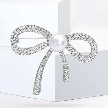 Broš za žene - korejskog stila, cvjetna mašna sa legiranim materijalom, rhinestones i perlama, MM-BR-0126, Glow Rhinestone Pearl serija