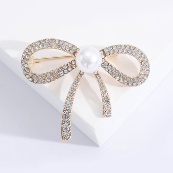 Broš za žene - korejskog stila, cvjetna mašna sa legiranim materijalom, rhinestones i perlama, MM-BR-0126, Glow Rhinestone Pearl serija