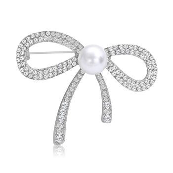 Broš za žene - korejskog stila, cvjetna mašna sa legiranim materijalom, rhinestones i perlama, MM-BR-0126, Glow Rhinestone Pearl serija