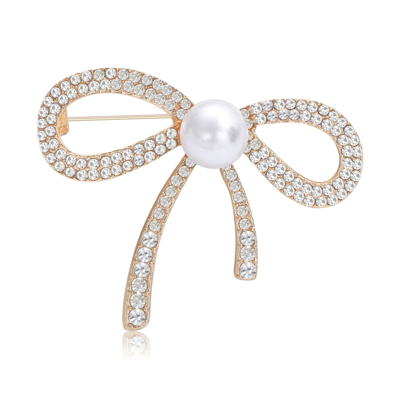 Broš za žene - korejskog stila, cvjetna mašna sa legiranim materijalom, rhinestones i perlama, MM-BR-0126, Glow Rhinestone Pearl serija