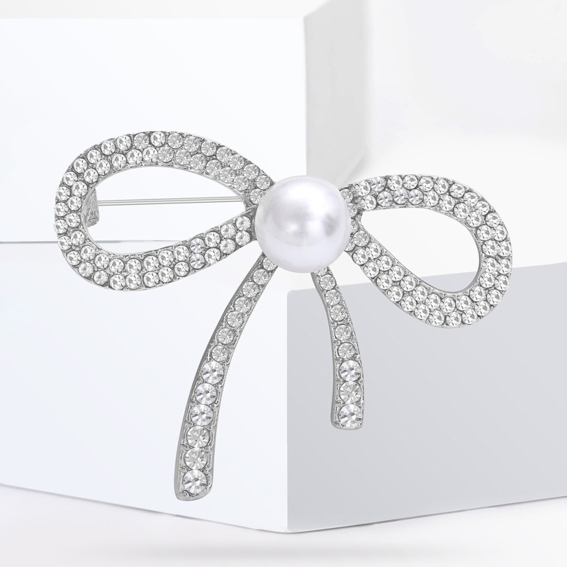 Broš za žene - korejskog stila, cvjetna mašna sa legiranim materijalom, rhinestones i perlama, MM-BR-0126, Glow Rhinestone Pearl serija