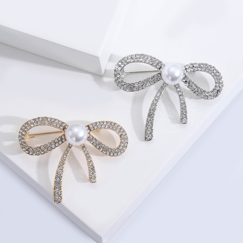 Broš za žene - korejskog stila, cvjetna mašna sa legiranim materijalom, rhinestones i perlama, MM-BR-0126, Glow Rhinestone Pearl serija