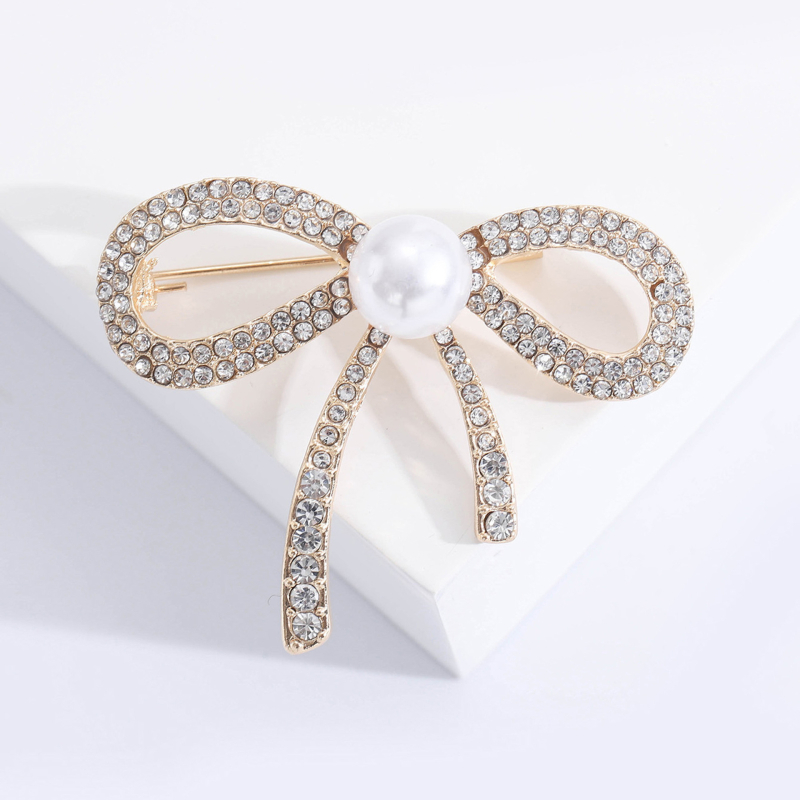 Broš za žene - korejskog stila, cvjetna mašna sa legiranim materijalom, rhinestones i perlama, MM-BR-0126, Glow Rhinestone Pearl serija
