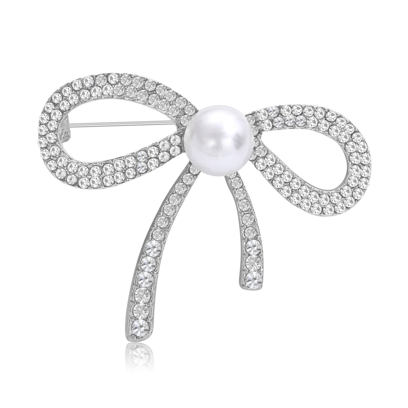 Broš za žene - korejskog stila, cvjetna mašna sa legiranim materijalom, rhinestones i perlama, MM-BR-0126, Glow Rhinestone Pearl serija