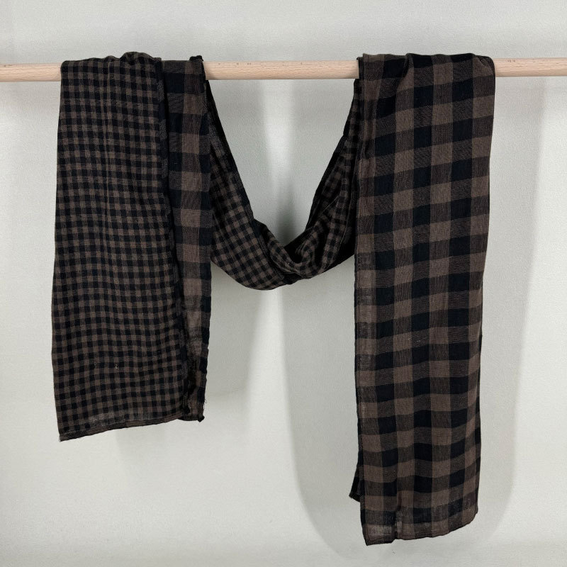 Šal od pamuka i lana, dvostrano karirano, korejski stil vintage književni dizajn, dugi dekorativni šal, warp tkanje