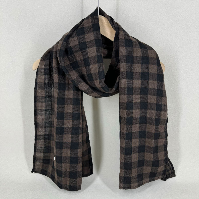Šal od pamuka i lana, dvostrano karirano, korejski stil vintage književni dizajn, dugi dekorativni šal, warp tkanje