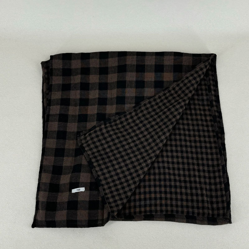 Šal od pamuka i lana, dvostrano karirano, korejski stil vintage književni dizajn, dugi dekorativni šal, warp tkanje