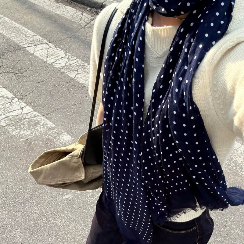 Šal od pamuka i lana s točkastim uzorkom, korejski stil, ravno tkanje, održava toplinu za jesenske dane