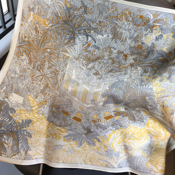 Șal din mătase sintetică - Model junglă tropicală, Țesătură warp, Primăvara 2025, Design original