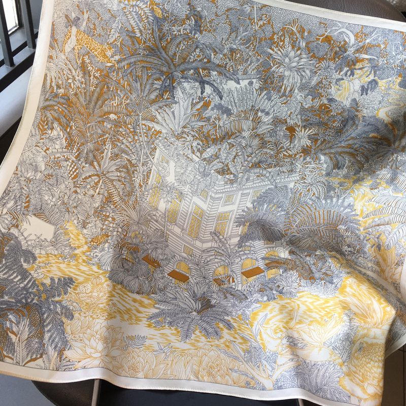 Șal din mătase sintetică - Model junglă tropicală, Țesătură warp, Primăvara 2025, Design original