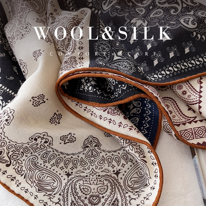 Șal pătrat din mătase cu lână, toamnă 2025, origine Hangzhou, tricot warp-knit, imprimare