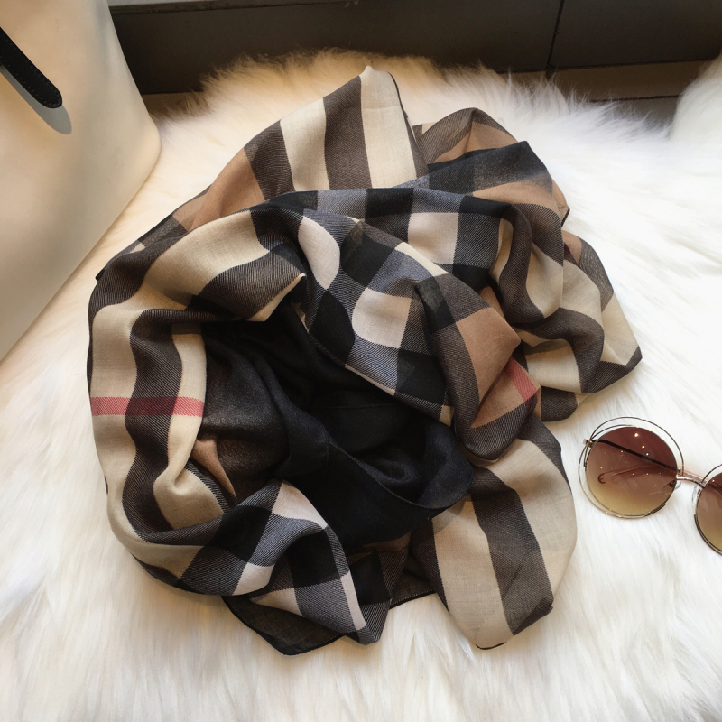 Șal de primăvară în stil coreean, țesătură plasă din amestec bumbac-poliester, model carouri imprimat, lungime medie pentru femei