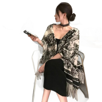 Șal din cașmir artificial, stil retro, lungime medie, model graffiti, țesătură Warp Knit, cald (Material: Cașmir artificial; Stil: Retro, Mediu; Model: Graffiti; Țesătură: Warp Knit; Funcție: Cald)