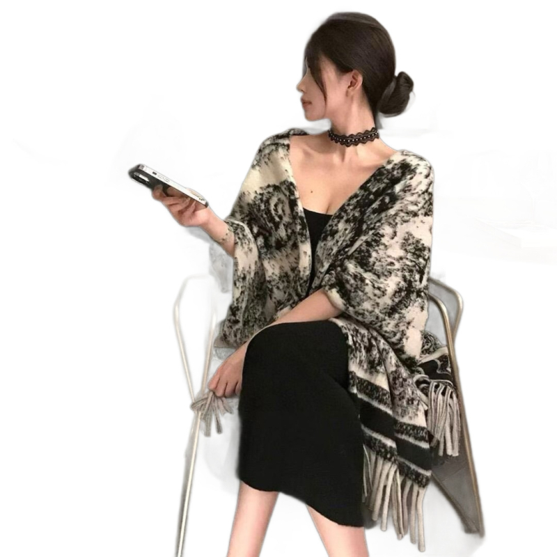 Șal din cașmir artificial, stil retro, lungime medie, model graffiti, țesătură Warp Knit, cald (Material: Cașmir artificial; Stil: Retro, Mediu; Model: Graffiti; Țesătură: Warp Knit; Funcție: Cald)