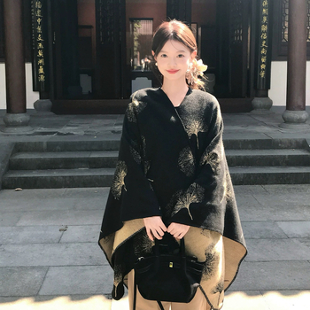 Mantă cu glugă, stil etnic vintage cu model frunză de ginkgo, cașmir artificial, tricotat cu tehnica warp, unisex, pentru iarnă, primăvară și toamnă