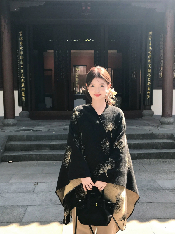 Mantă cu glugă, stil etnic vintage cu model frunză de ginkgo, cașmir artificial, tricotat cu tehnica warp, unisex, pentru iarnă, primăvară și toamnă