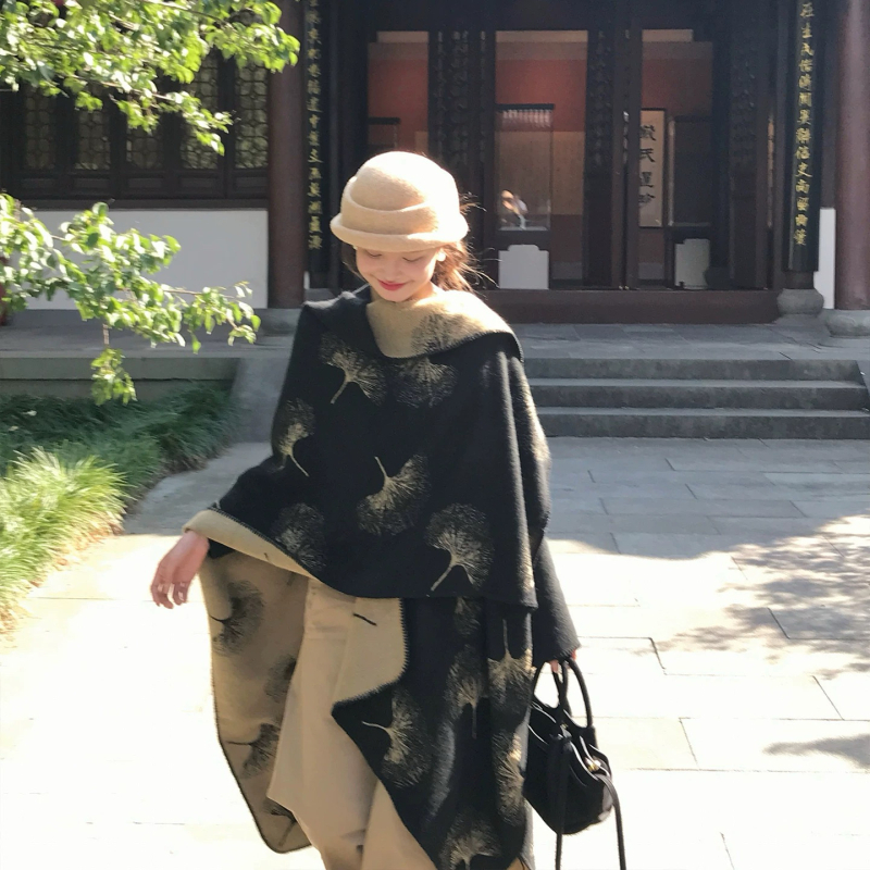 Mantă cu glugă, stil etnic vintage cu model frunză de ginkgo, cașmir artificial, tricotat cu tehnica warp, unisex, pentru iarnă, primăvară și toamnă