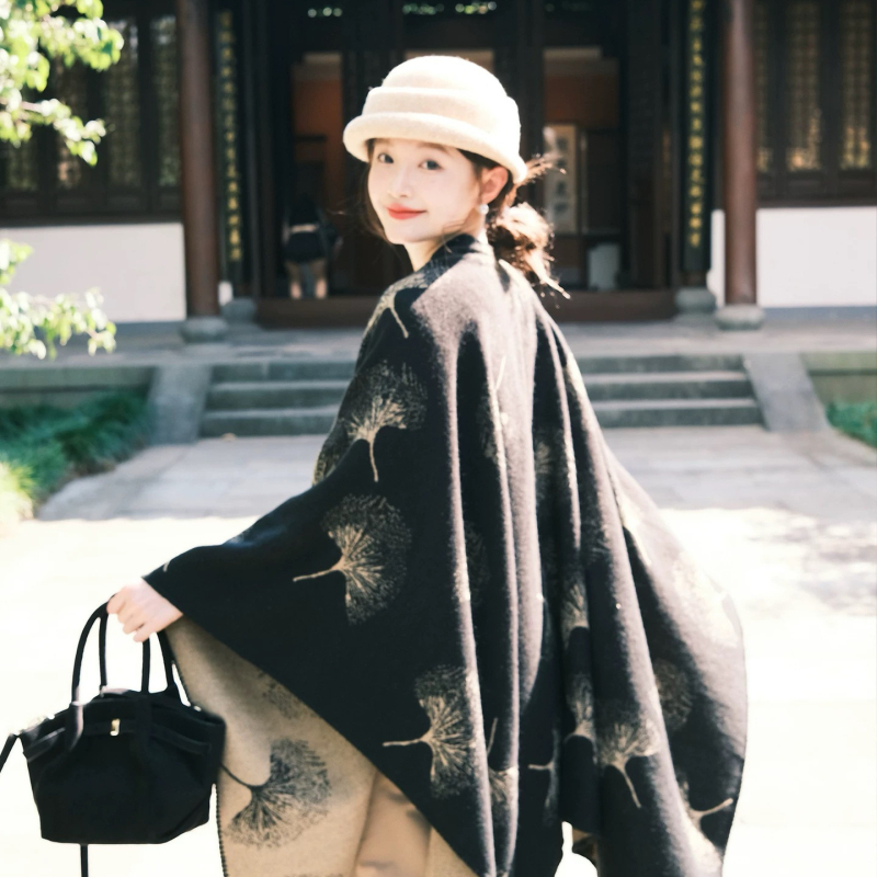 Mantă cu glugă, stil etnic vintage cu model frunză de ginkgo, cașmir artificial, tricotat cu tehnica warp, unisex, pentru iarnă, primăvară și toamnă