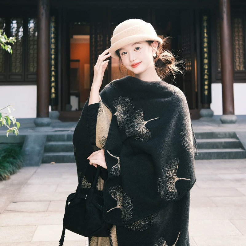 Mantă cu glugă, stil etnic vintage cu model frunză de ginkgo, cașmir artificial, tricotat cu tehnica warp, unisex, pentru iarnă, primăvară și toamnă