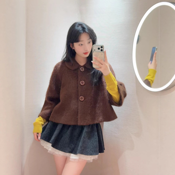 Palton de lână pentru femei, cu capă, guler Peter Pan, lungime medie, mâneci lungi, închidere cu nasturi, iarnă 2025