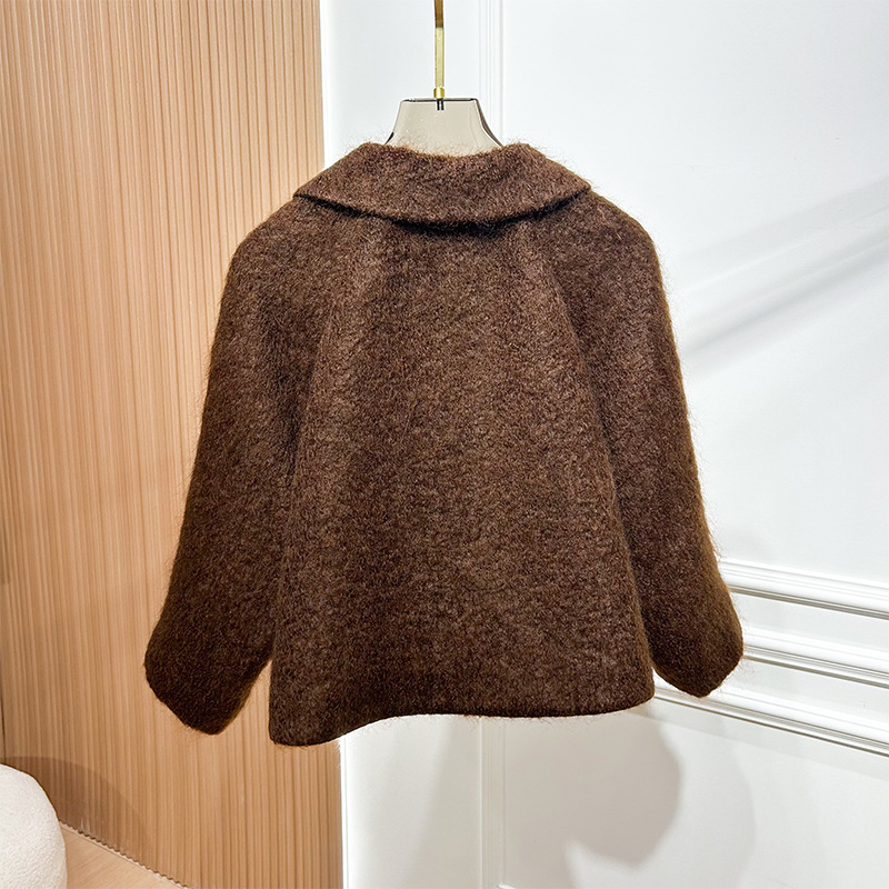 Palton de lână pentru femei, cu capă, guler Peter Pan, lungime medie, mâneci lungi, închidere cu nasturi, iarnă 2025