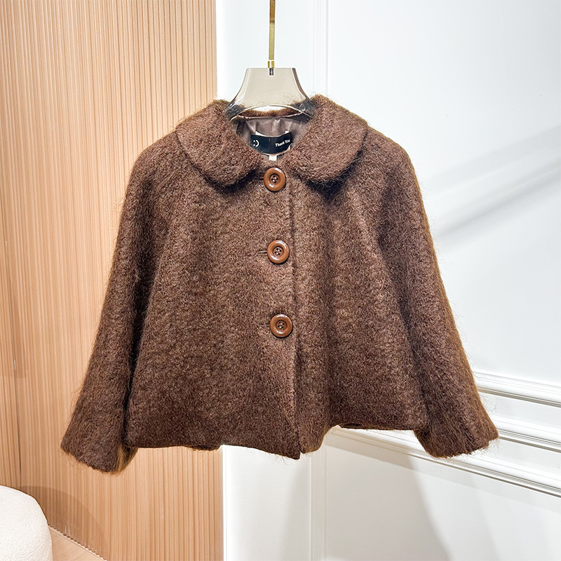 Palton de lână pentru femei, cu capă, guler Peter Pan, lungime medie, mâneci lungi, închidere cu nasturi, iarnă 2025