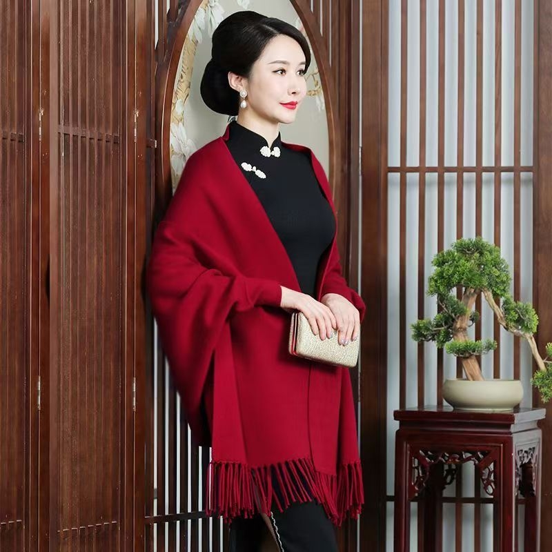 Șal din Mink Velvet, stil chinezesc, pentru femei, cu mâneci, mantie lungă pentru rochie de nuntă, jacquard warp-knit, călduros