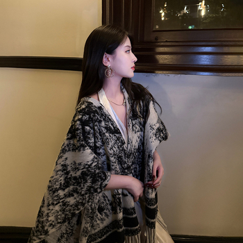 Poncho-șal cu model Vintage Ink Painting, stil coreean, imitație de cașmir, țesătură warp, tie-dye (Sezoane: Iarnă, Primăvară, Toamnă)