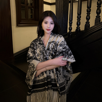 Poncho-șal cu model Vintage Ink Painting, stil coreean, imitație de cașmir, țesătură warp, tie-dye (Sezoane: Iarnă, Primăvară, Toamnă)