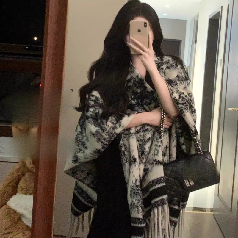 Poncho-șal cu model Vintage Ink Painting, stil coreean, imitație de cașmir, țesătură warp, tie-dye (Sezoane: Iarnă, Primăvară, Toamnă)