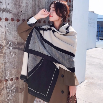 Șal feminin, stil coreean, în formă V, dublu‑față, din cașmir artificial, cu pelerină, model în grilă, păstrează căldura, țesătură plată, Jacquard