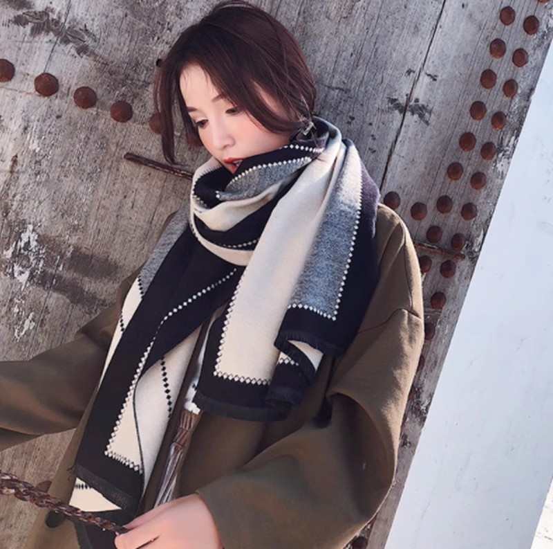 Șal feminin, stil coreean, în formă V, dublu‑față, din cașmir artificial, cu pelerină, model în grilă, păstrează căldura, țesătură plată, Jacquard