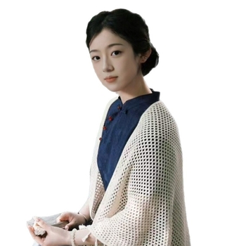 Șal pentru femei, subțire tricotat în stil chinezesc, monocrom, decor jacquard, cu ciucuri
