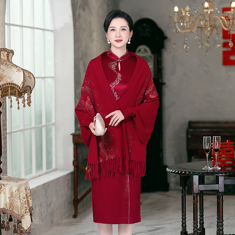 Șal tricotat în stil qipao, broderie florală cu ciucuri, material amestecat, stil național, pentru toamnă-iarna