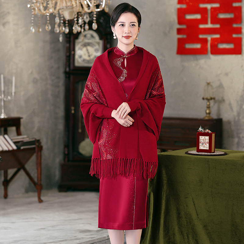 Șal tricotat în stil qipao, broderie florală cu ciucuri, material amestecat, stil național, pentru toamnă-iarna