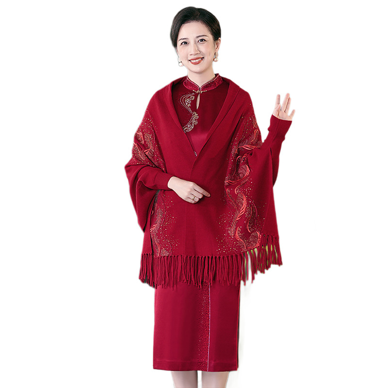 Șal tricotat în stil qipao, broderie florală cu ciucuri, material amestecat, stil național, pentru toamnă-iarna