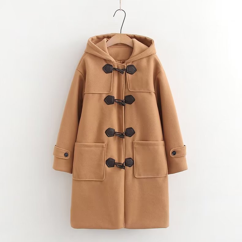 Ženski kaput od umjetne vune s kapuljom, otporan na vjetar, topao, cape stil kroj, srednja duljina 65–80 cm