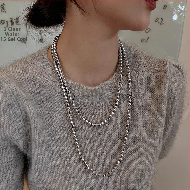 Ilga megztinio kaklo grandinėlė su stiklu ir lazuritu, rutulinė grandinė, apimtis 81 cm+, be pakabuko, 2025 m. pavasaris