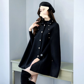 Ženski kaput od umjetne vune, bat silueta, dugačak kroj, četvrtasti ovratnik, kopčanje na gumbe